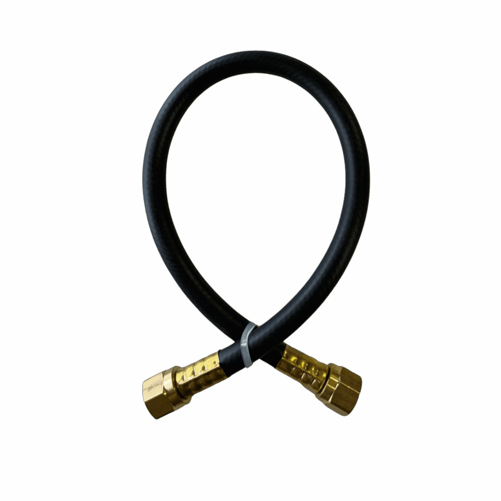 A black braided rope with golden metallic ends arranged in a loop.