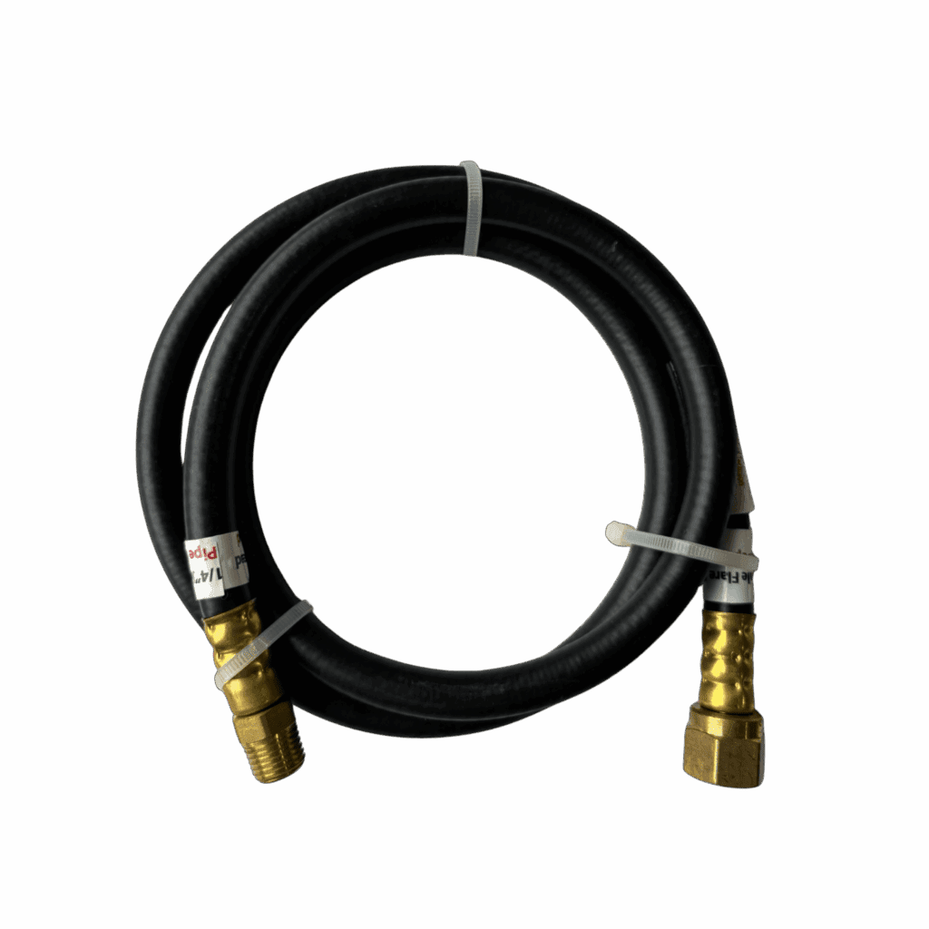 Coiled black hose with brass fittings at both ends against a white background.