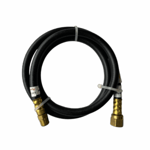 Coiled black hose with brass fittings at both ends against a white background.