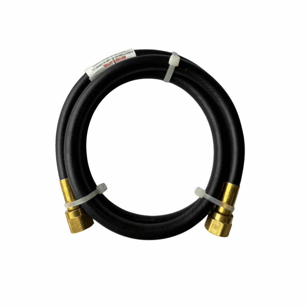 Coiled black hose with brass fittings at both ends.
