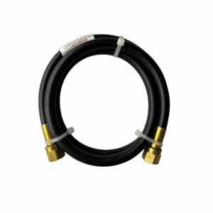 Coiled black hose with brass fittings at both ends.