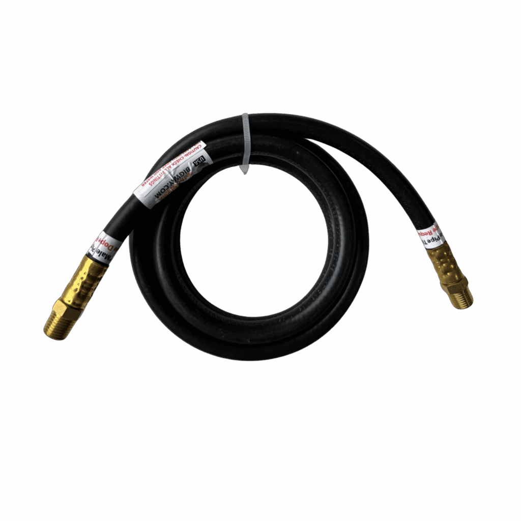 Coiled black hose with brass fittings on both ends.