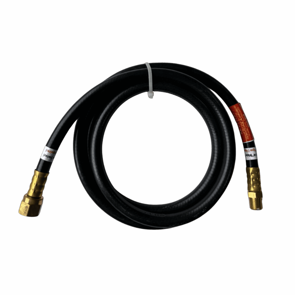 Coiled black hose with brass fittings on both ends.