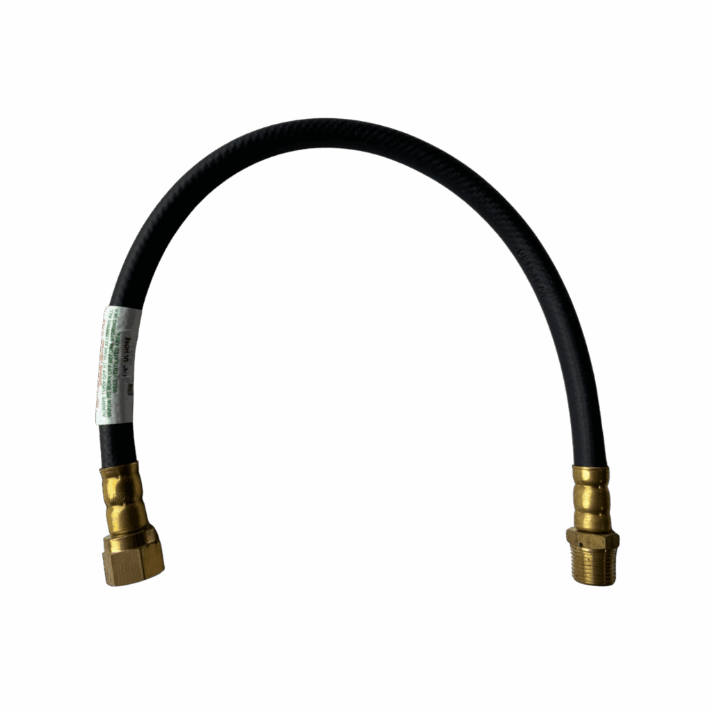 Flexible black hose with brass fittings on both ends.