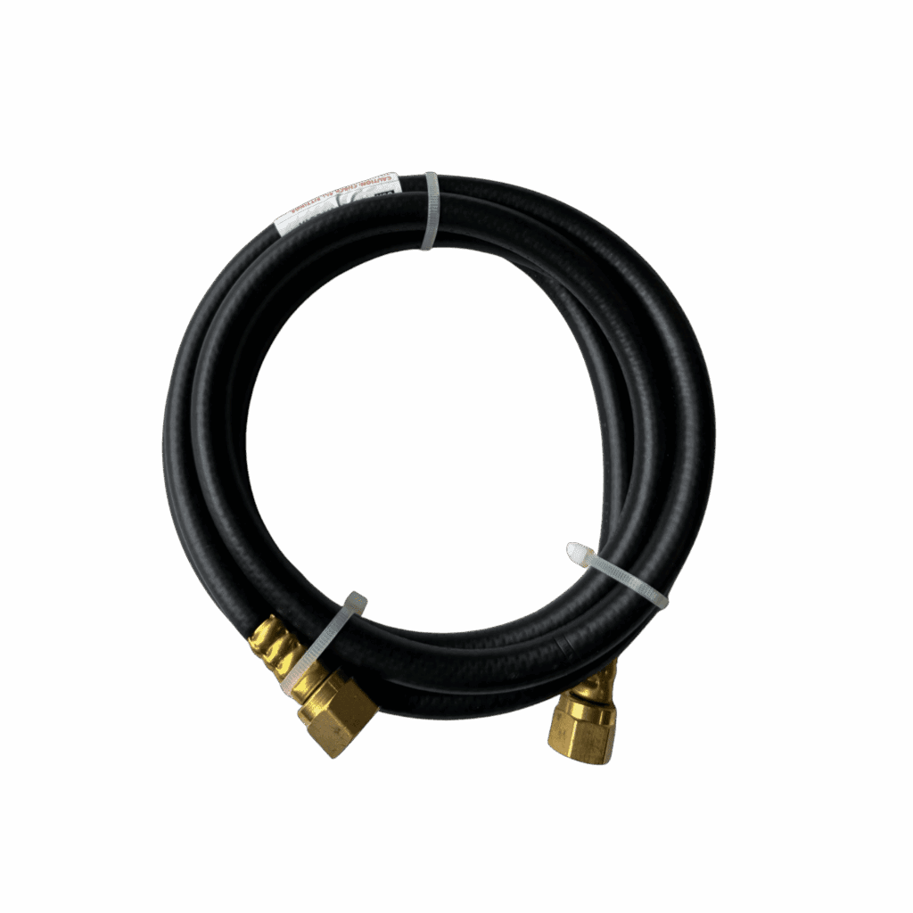 Black hose with brass fittings coiled neatly.