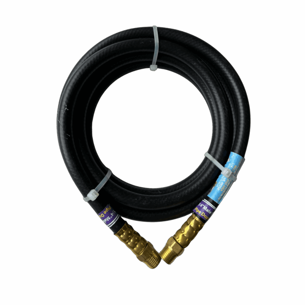 Coiled black garden hose with brass connectors.