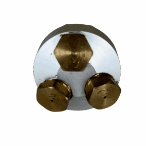 A shiny metallic object with gold accents and three round elements.