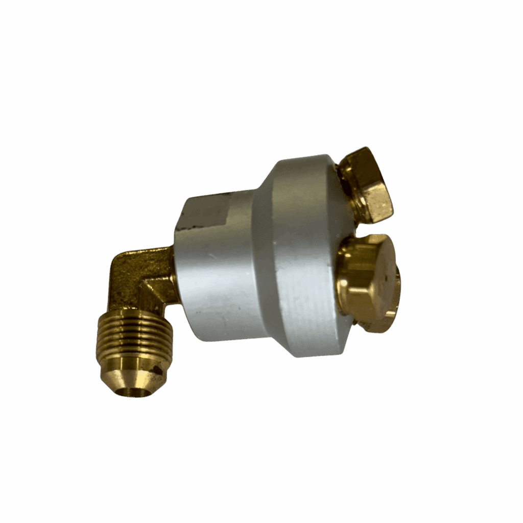Metallic plumbing valve with brass fittings.