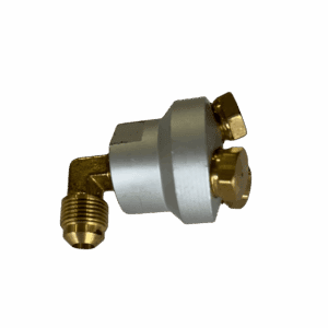 Metallic plumbing valve with brass fittings.