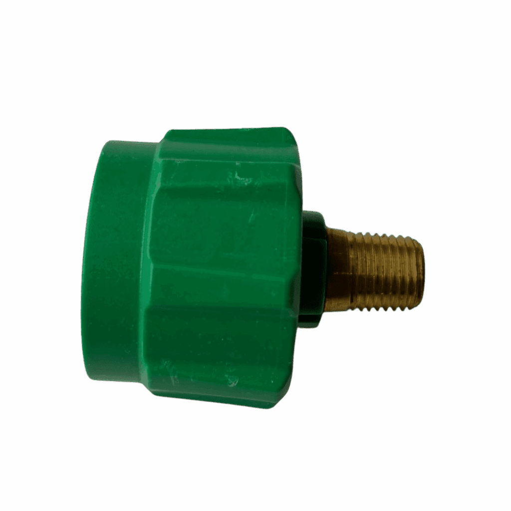 Green plastic valve knob with a brass threaded connector.
