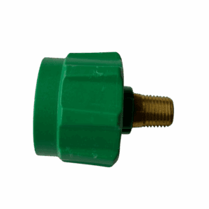 Green plastic valve knob with a brass threaded connector.