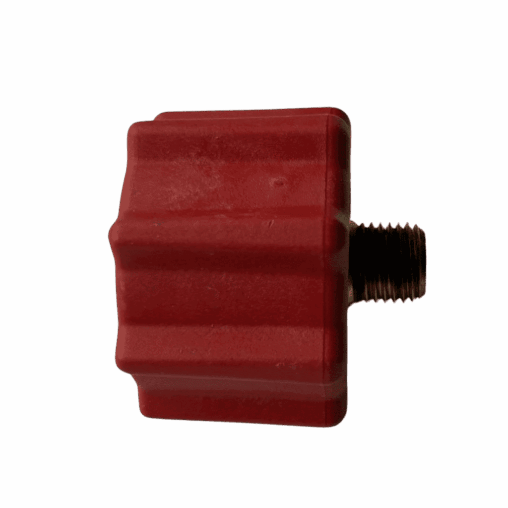 Red plastic knob with a threaded metal insert on a white background.