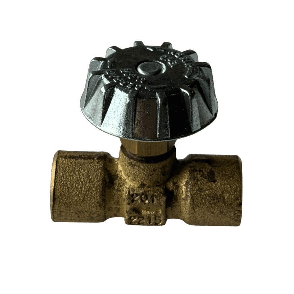 Close-up of a metal valve with a black knob on a gray background.
