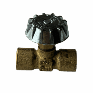Close-up of a metal valve with a black knob on a gray background.
