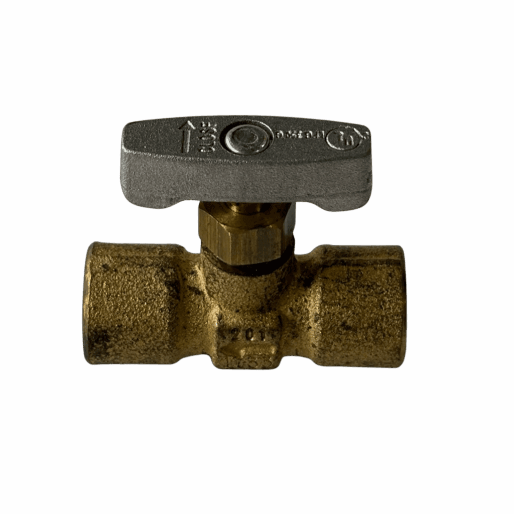 A brass water valve with a T-shaped handle against a plain background.
