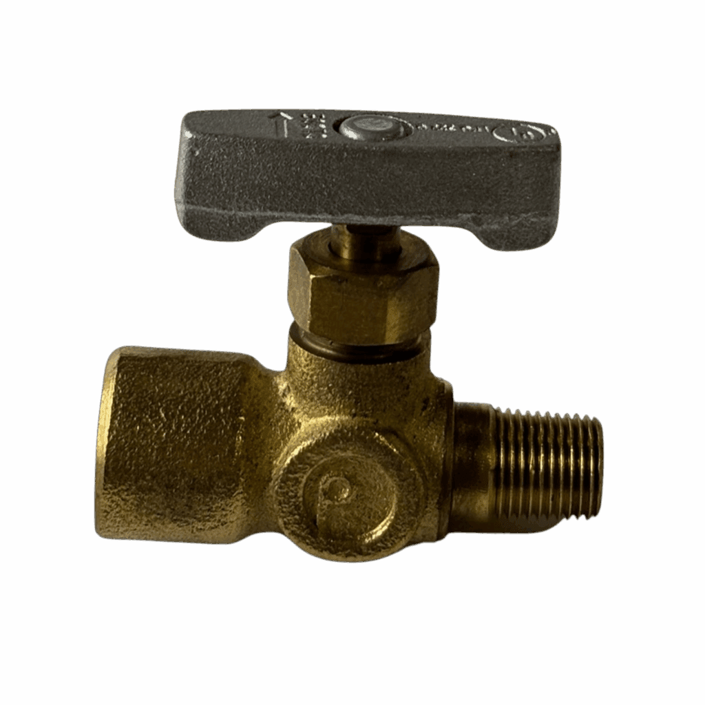 Brass valve with a T-handle for controlling fluid flow.