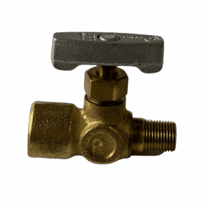 Brass valve with a T-handle for controlling fluid flow.