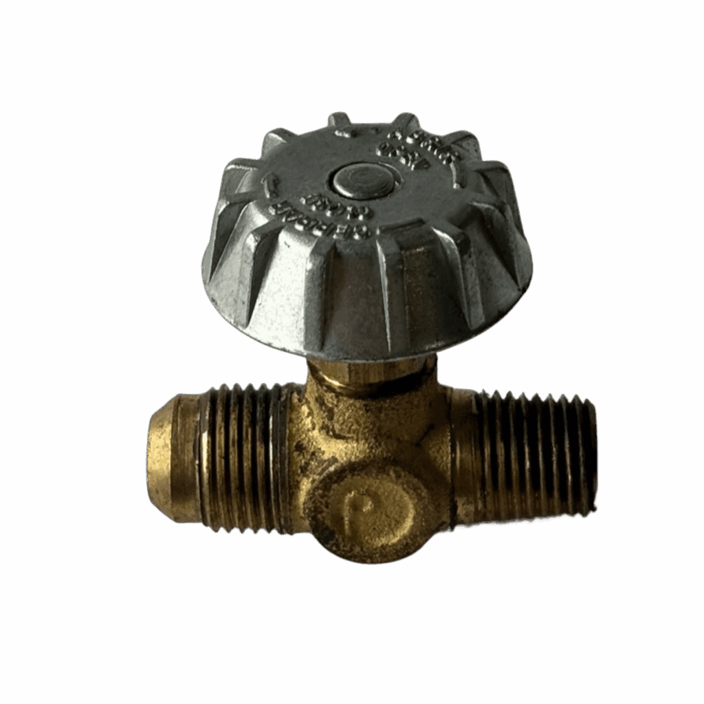 A metal valve with a round handle and threaded ends.