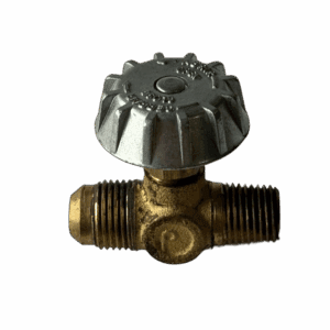 A metal valve with a round handle and threaded ends.