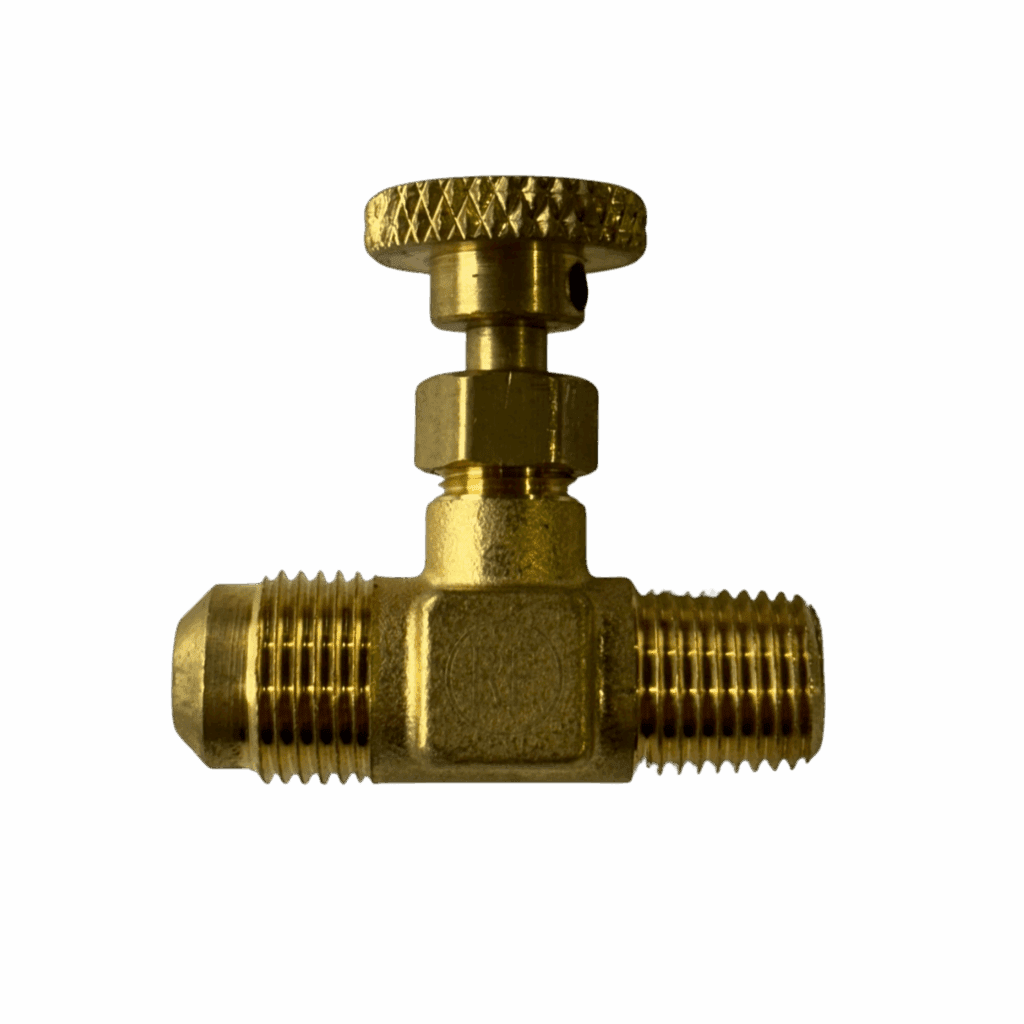 Brass valve with threaded ends and a turning knob.