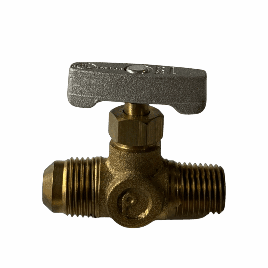 Brass valve with a T-shaped handle on a gray background.