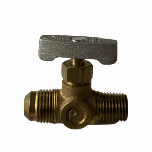 Brass valve with a T-shaped handle on a gray background.