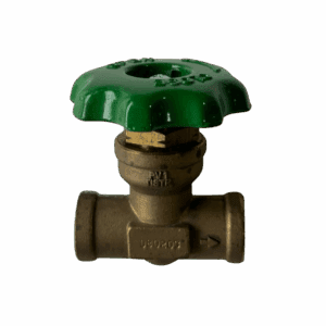 A green-handled brass water valve against a dark background.