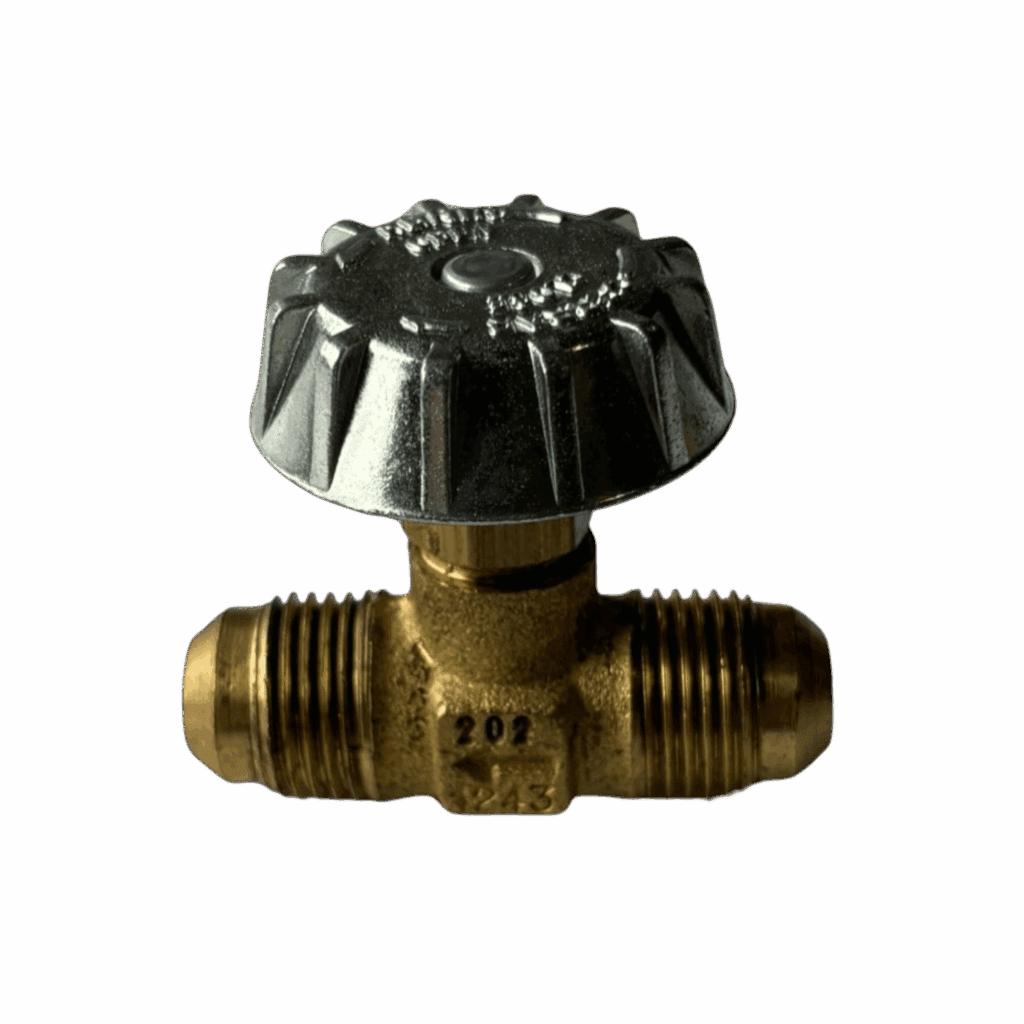 Metal valve with a black knob for controlling fluid flow.