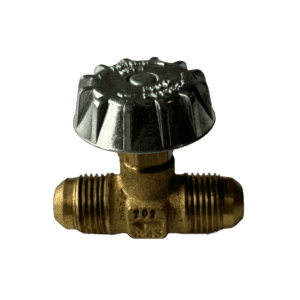 Metal valve with a black knob for controlling fluid flow.