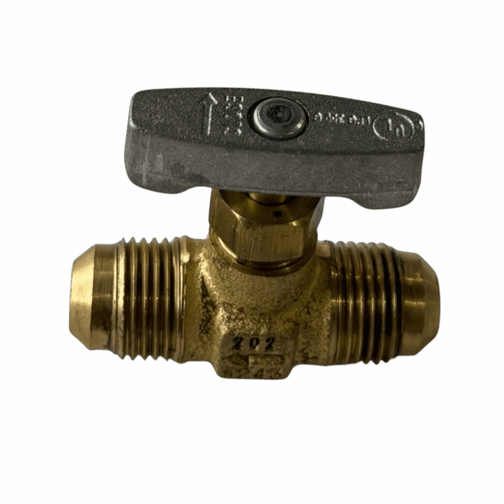 A brass shut-off valve with a T-handle for controlling fluid flow.