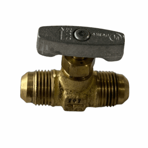 A brass shut-off valve with a T-handle for controlling fluid flow.