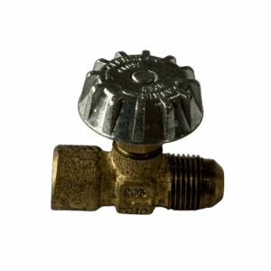 Old brass valve with a black metal handle against a dark background.