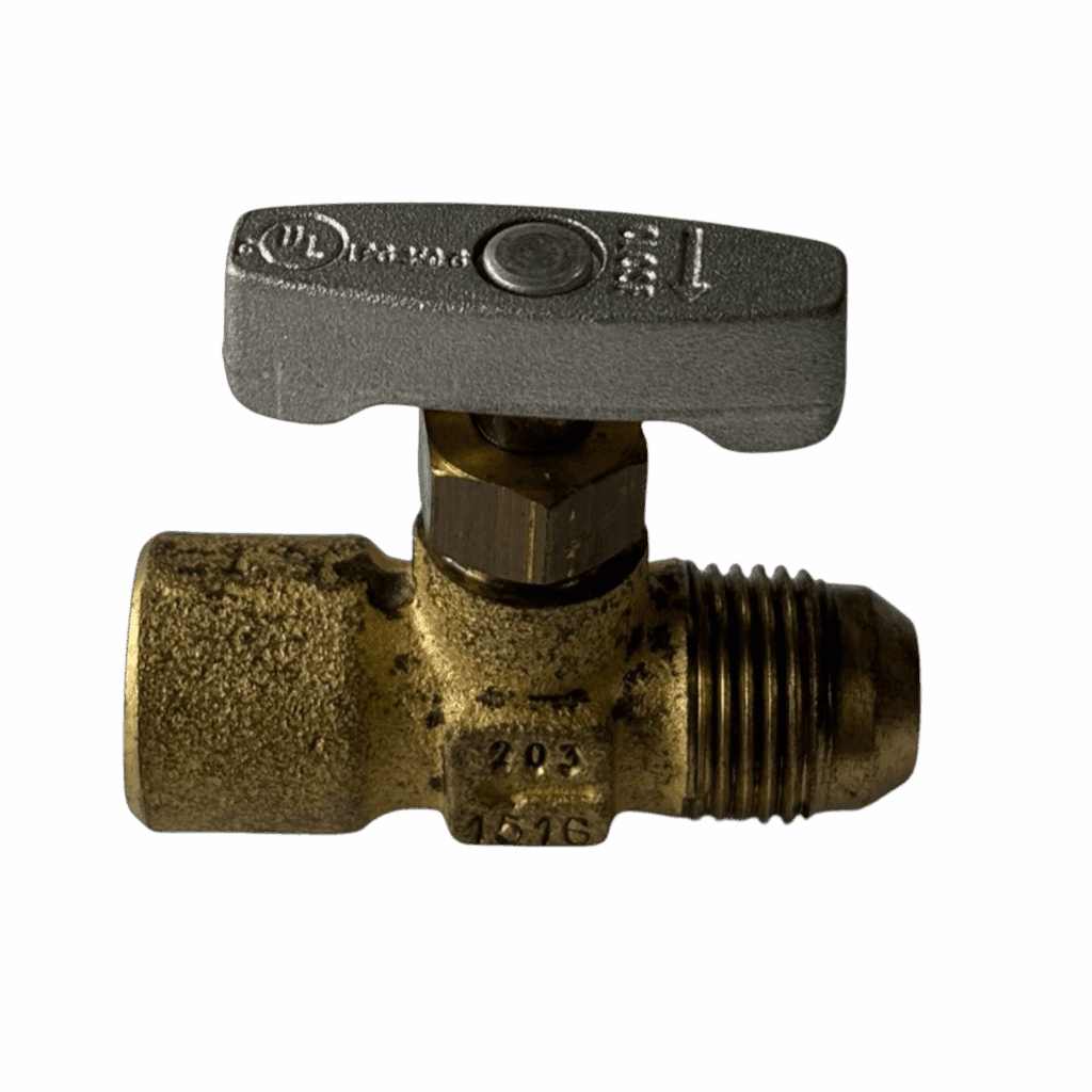 Brass ball valve with T-handle for fluid control.