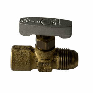 Brass ball valve with T-handle for fluid control.