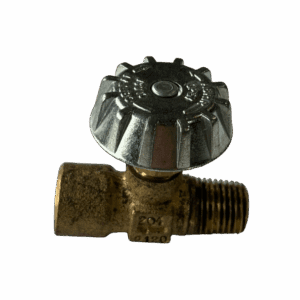 Old brass valve with a round metal handle.