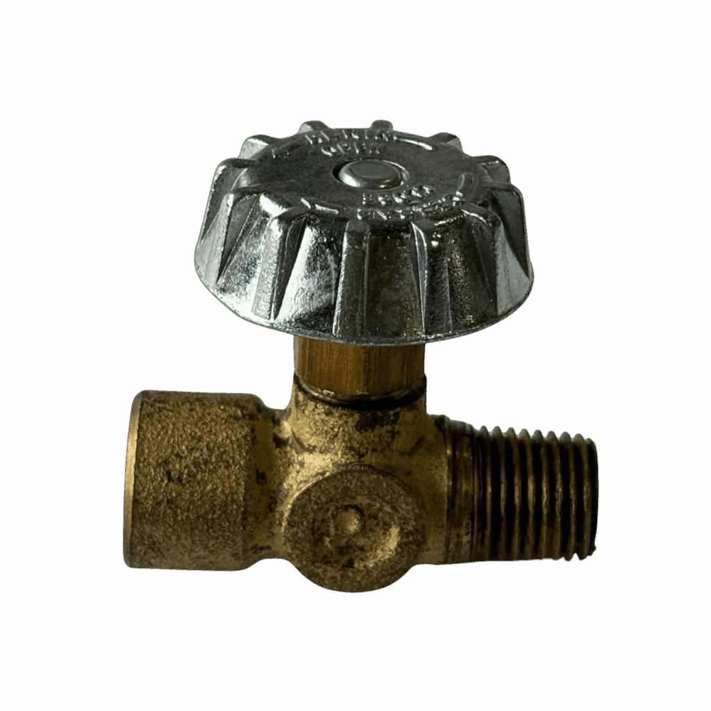 A metal water valve with a round handle.