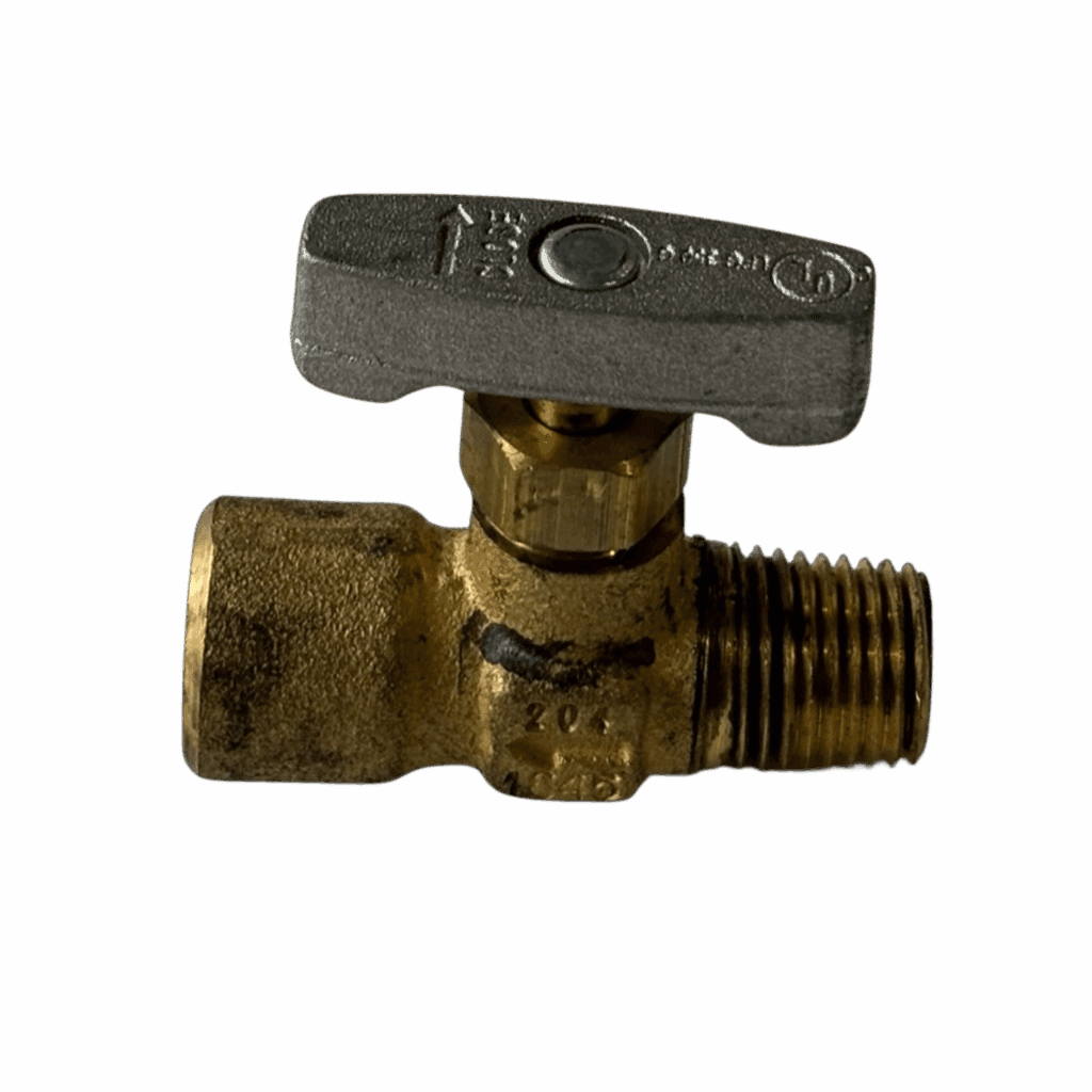 Brass ball valve with a T-handle for controlling fluid flow.