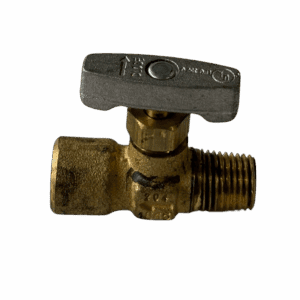 Brass ball valve with a T-handle for controlling fluid flow.
