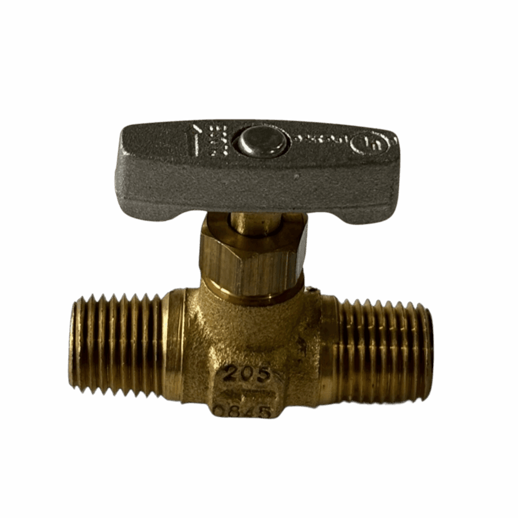 Brass ball valve with a black handle for controlling fluid flow.