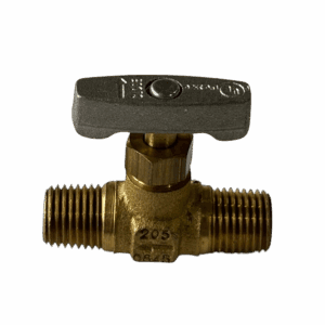 Brass ball valve with a black handle for controlling fluid flow.