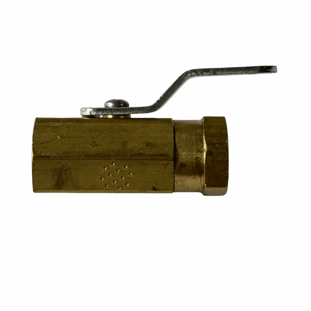A brass-colored valve with a lever handle.