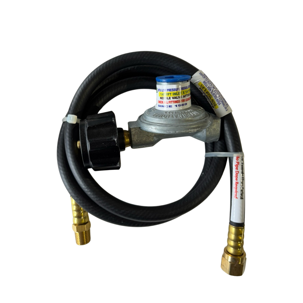 Gas regulator with attached black hose.