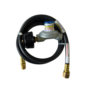 Gas regulator with attached black hose.