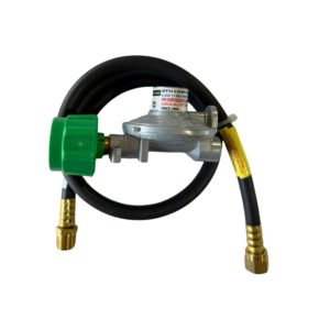 Gas regulator with hose and connectors.