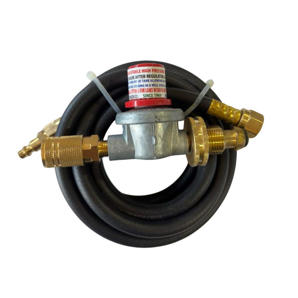 Gas regulator with attached black hose.