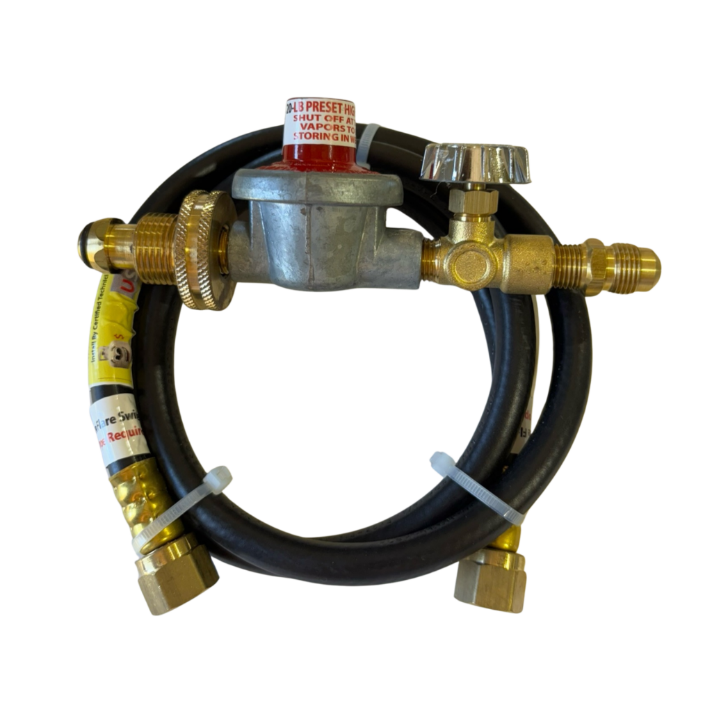 Gas regulator with attached hoses and fittings.