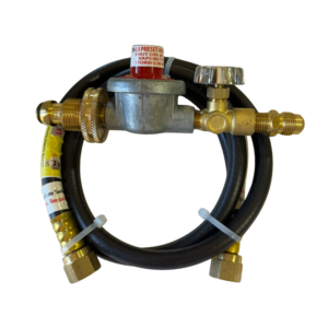 Gas regulator with attached hoses and fittings.