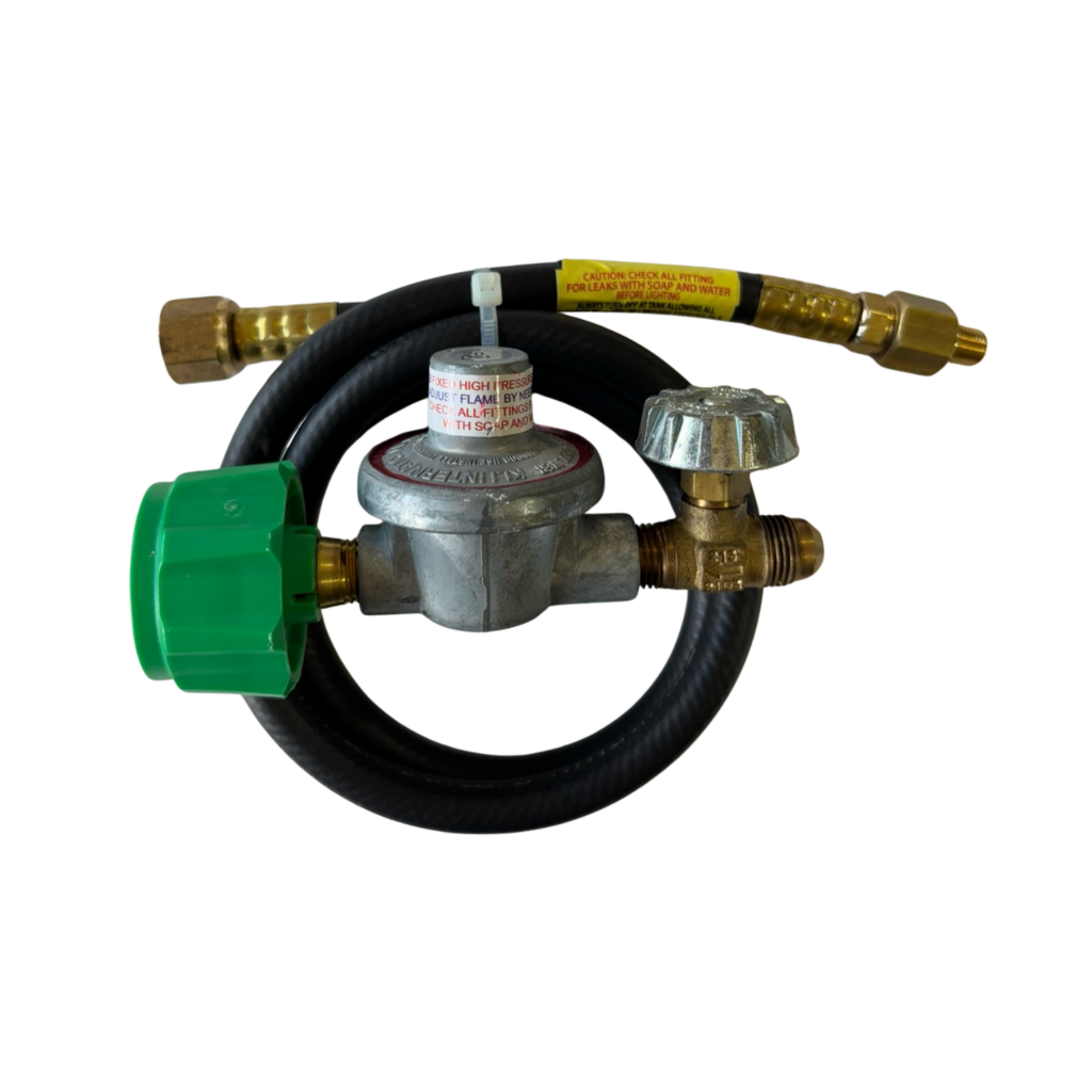 Gas regulator with attached hose and connectors.