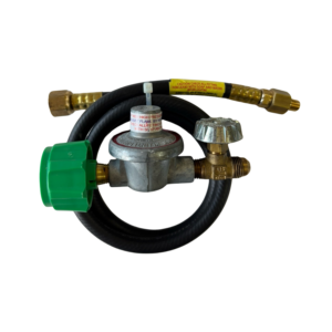 Gas regulator with attached hose and connectors.