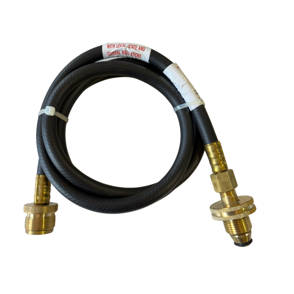 Gas hose with brass fittings on black.